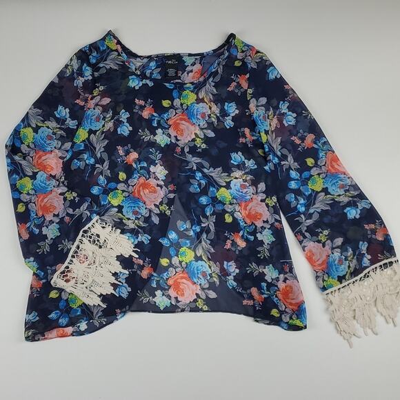 Rue21 Sheer Floral Blouse Shirt Crochet Knit 3/4 Sleeve Cuff Open Layer Back - Picture 1 of 5
